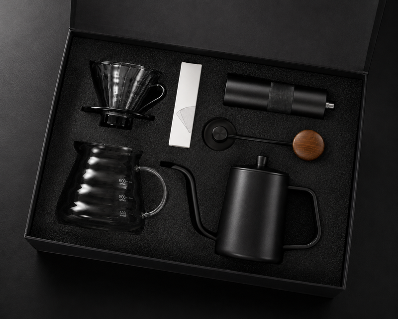 Bouilloire col de cygne inox 304 versant sur dripper V60 posé sur carafe en verre 600ml avec moulin manuel