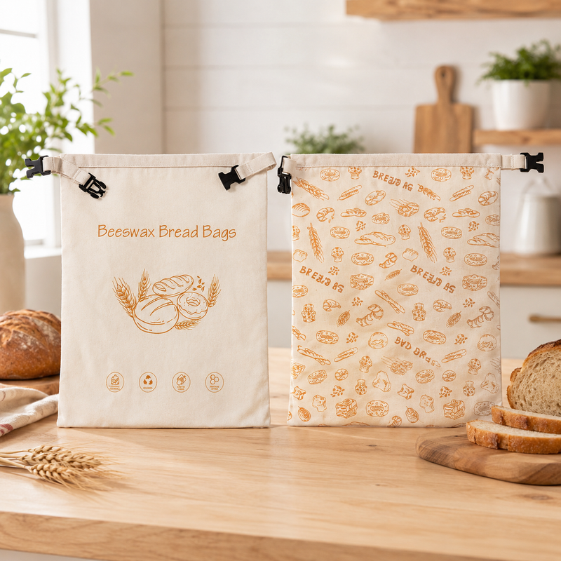 Sac à pain beeswax coton — 2 variantes motif pain et motif pain blé posées sur plan bois