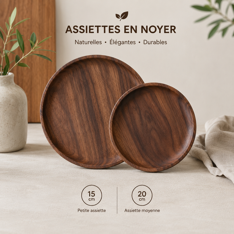 Deux assiettes en noyer naturel côte à côte — Petite assiette 15 cm et assiette moyenne 20 cm, Naturelles, Élégantes, Durables