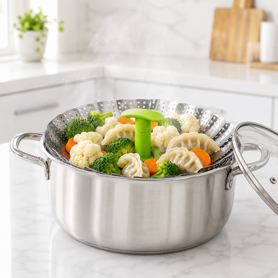 Panier Vapeur Lotus Inox 430 dans une casserole — brocolis, dumplings et légumes à la vapeur | Cuisine Futée