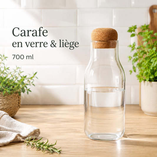 Carafe verre borosilicaté bouchon liège — 3 tailles S M L avec pistaches café et glaçons