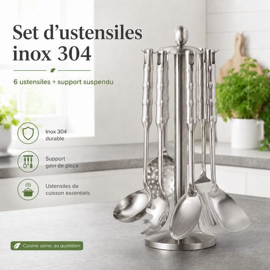 Set d'ustensiles inox 304 avec support suspendu rotatif – 6 pièces essentielles pour la cuisine