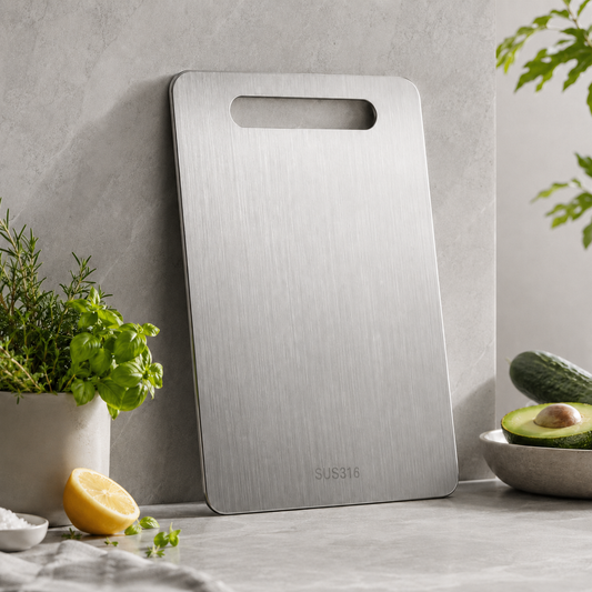 Planche à découper inox 316 posée verticalement contre un mur gris — poignée découpée en haut, herbes fraîches, citron coupé et avocat à côté