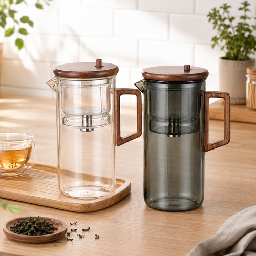 Infuseur à Thé Verre Borosilicaté + Couvercle Noyer – Rituel Thé Naturel