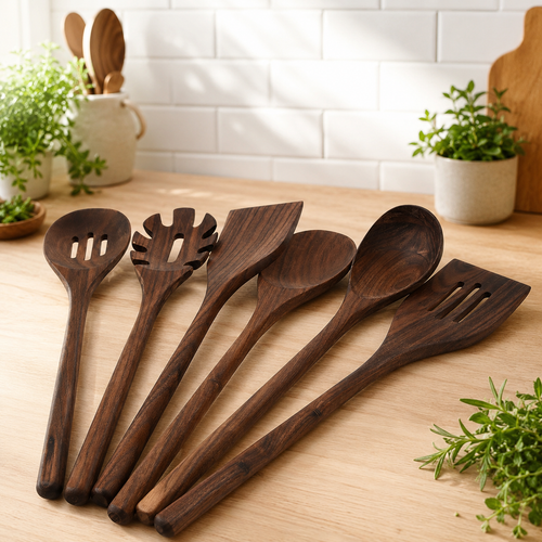 Set Ustensiles Noyer 6pc – Cuisine Gastronomique, Matériaux Nobles