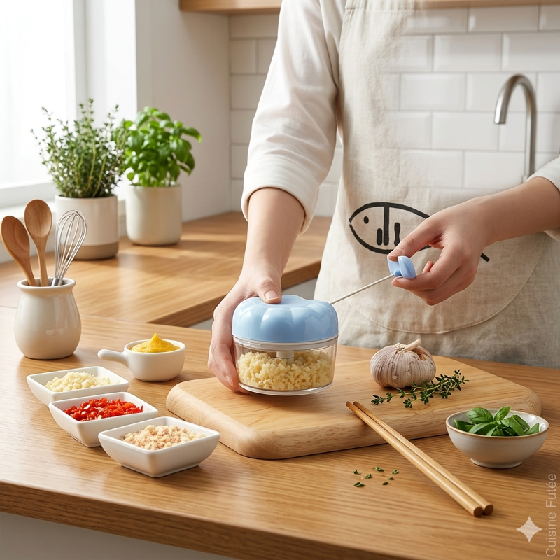 Hachoir manuel express Cuisine Futée — ail, oignons et herbes hachés en 5 secondes sans électricité
