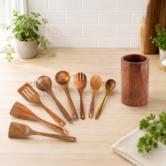 8 ustensiles en bois de pomelo en éventail avec pot de rangement pomelo sur plan de travail en bois clair