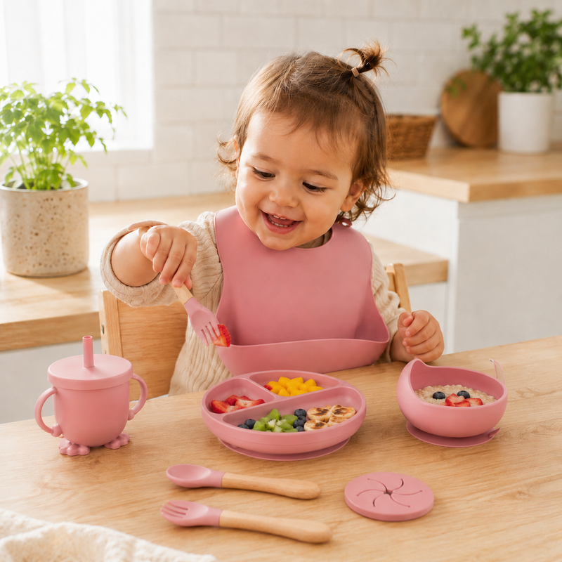 Bébé souriante en train de manger des fruits avec le set repas silicone rose — assiette ventouse compartimentée, bol à ventouse, gobelet paille et bavoir silicone