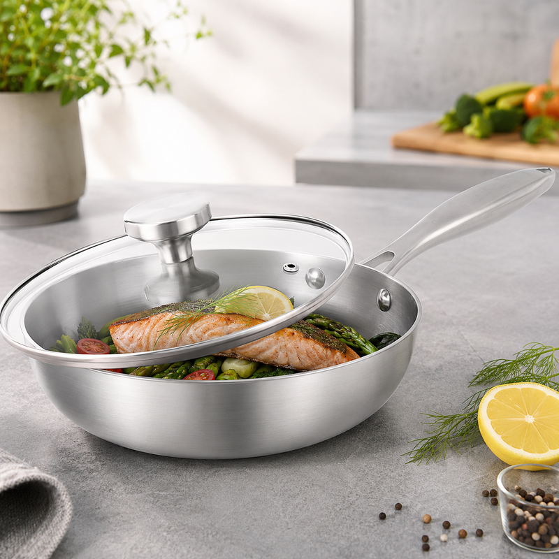 Poêle inox 304 sans revêtement avec couvercle verre et grille d'égouttage incluse