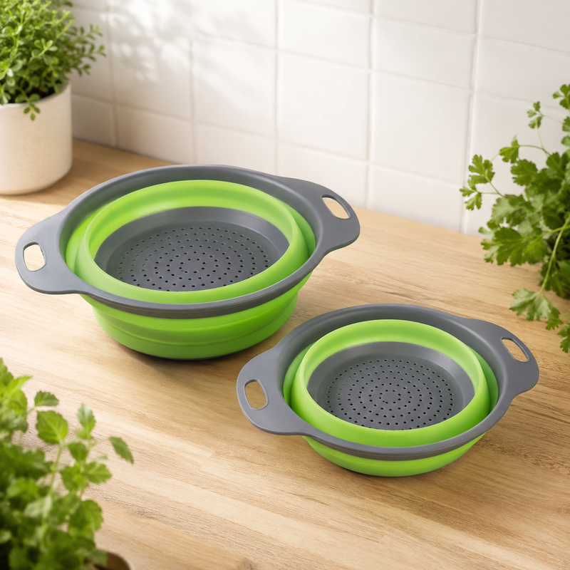 Passoire silicone pliable set 2 verte — grande et petite taille dépliées sur plan bois