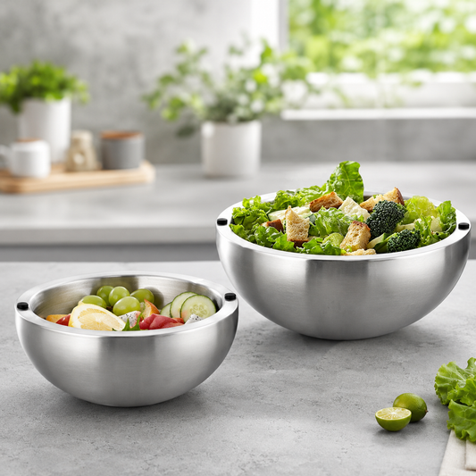 Bol saladier inox 304 double paroi en taille S et L, avec salade et fruits, sur plan de travail cuisine