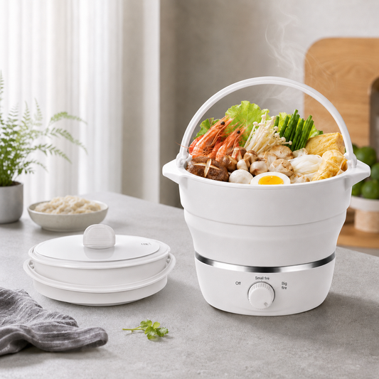 Mini cuiseur électrique pliable déplié avec hot pot chaud, couvercle replié à gauche, bouton Off/Small fire/Big fire