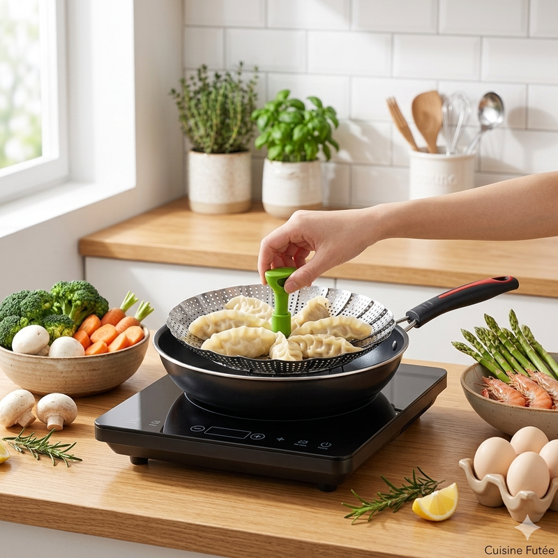 Panier vapeur Lotus inox 304 pliable — transformez votre casserole en cuiseur vapeur en 10 secondes